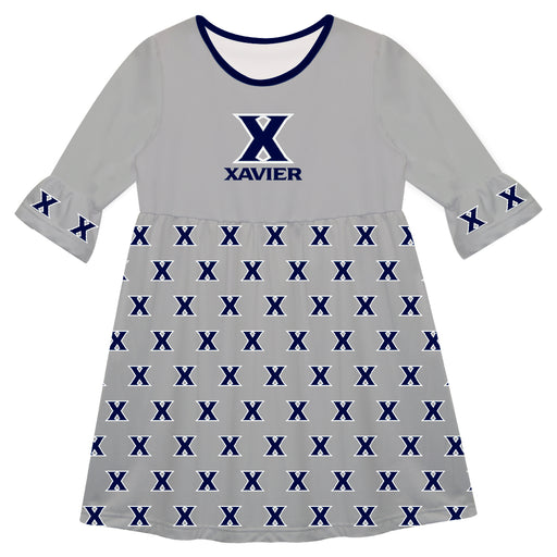 Xavier Musketeers Vive La Fete Girls Game Day 3/4 Sleeve Solid Gray All Over Logo on Skirt