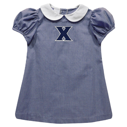 Xavier University Musketeers Embroidered Navy Gingham Short Sleeve A Line Dress