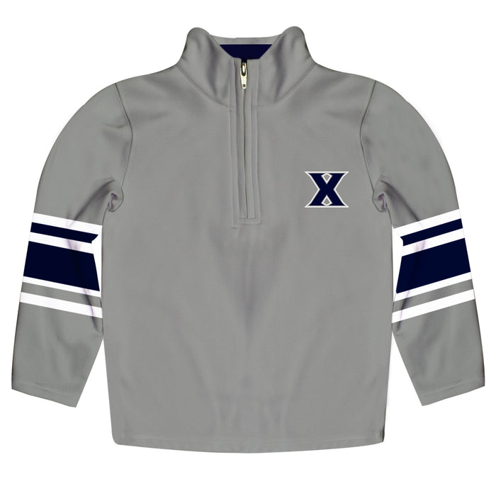 Xavier Musketeers Vive La Fete Game Day Gray Quarter Zip Pullover Stripes on Sleeves