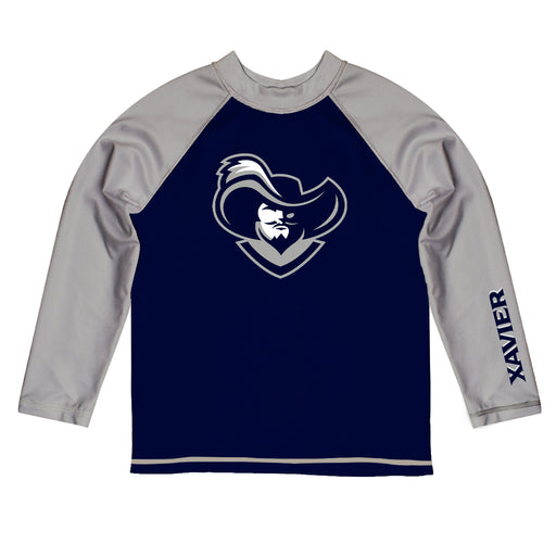Xavier Musketeers Vive La Fete Blue and Gray Long Sleeve Raglan Rashguard