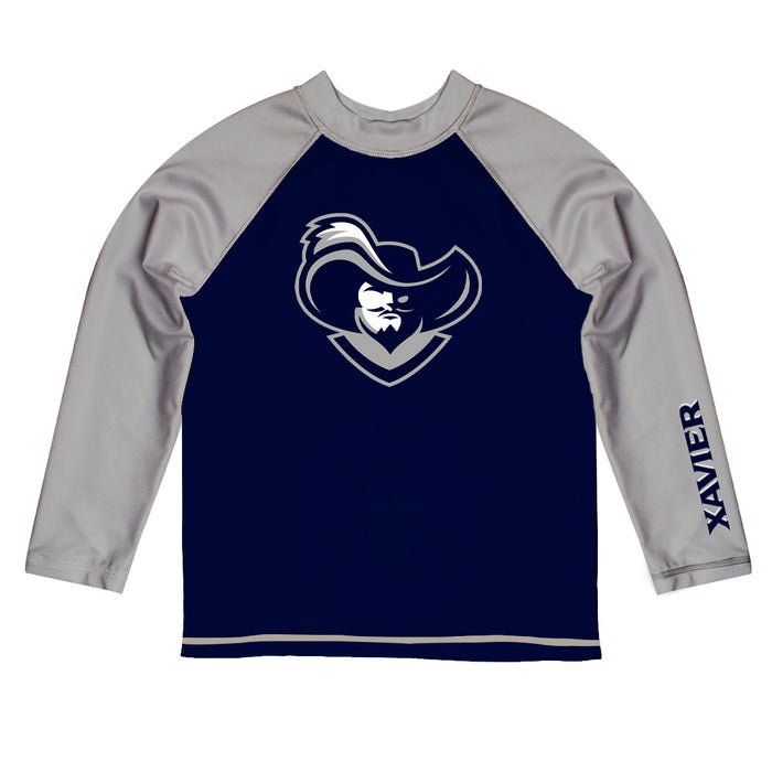 Xavier Musketeers Vive La Fete Blue and Gray Long Sleeve Raglan Rashguard