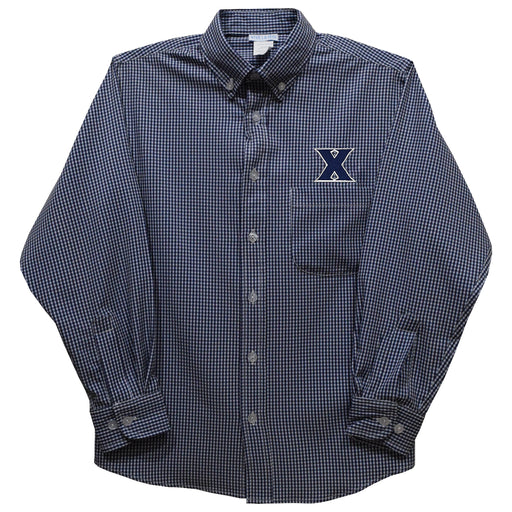 Xavier University Musketeers Embroidered Navy Gingham Long Sleeve Button Down