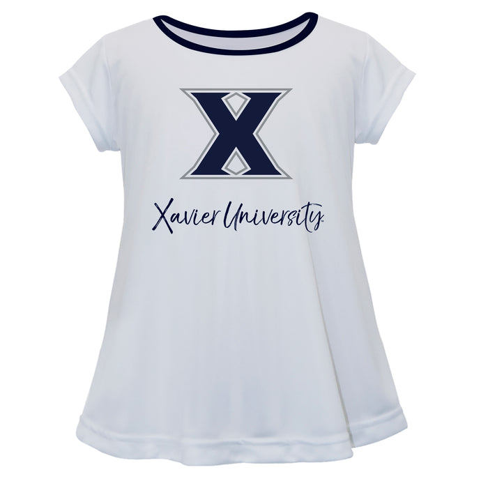 Xavier Musketeers Vive La Fete Girls Game Day Short Sleeve White Top with School Logo and Name