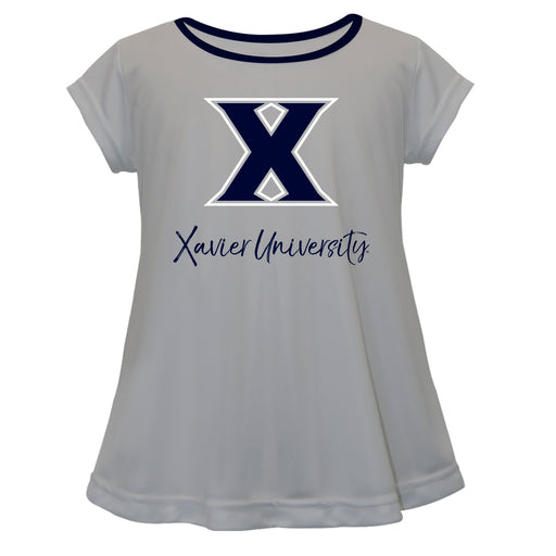 Xavier Musketeers Vive La Fete Girls Game Day Short Sleeve Gray Top with School Logo and Name