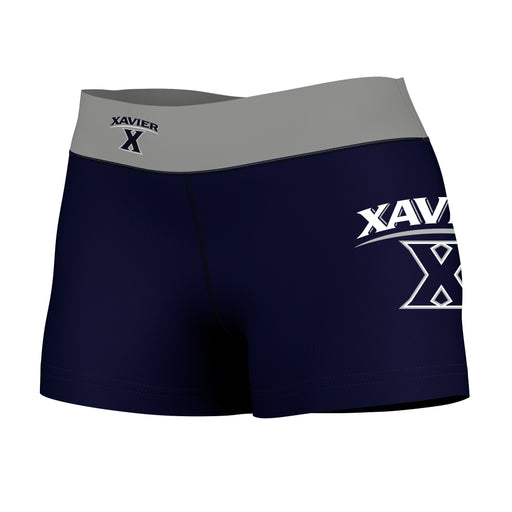 Xavier Musketeers Vive La Fete Logo on Thigh & Waistband Blue Gray Women Yoga Booty Workout Shorts 3.75 Inseam