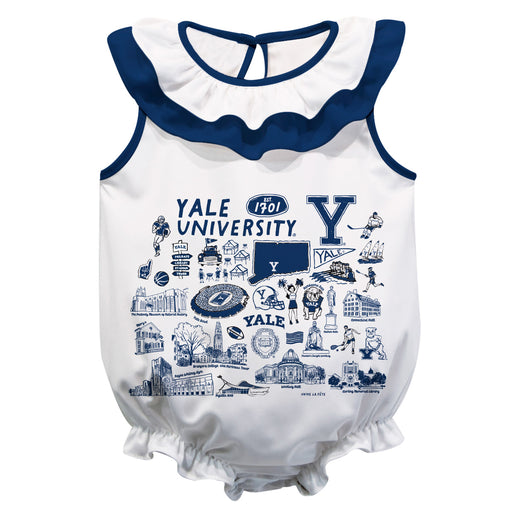 Yale University Bulldogs  White Hand Sketched Vive La Fete Impressions Artwork Sleeveless Ruffle Onesie Bodysuit