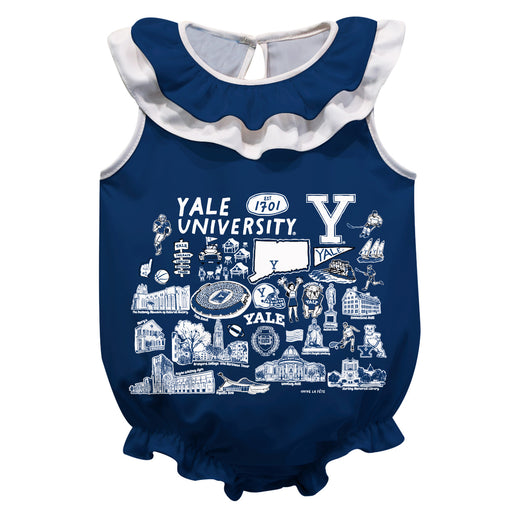 Yale University Bulldogs  Blue Hand Sketched Vive La Fete Impressions Artwork Sleeveless Ruffle Onesie Bodysuit