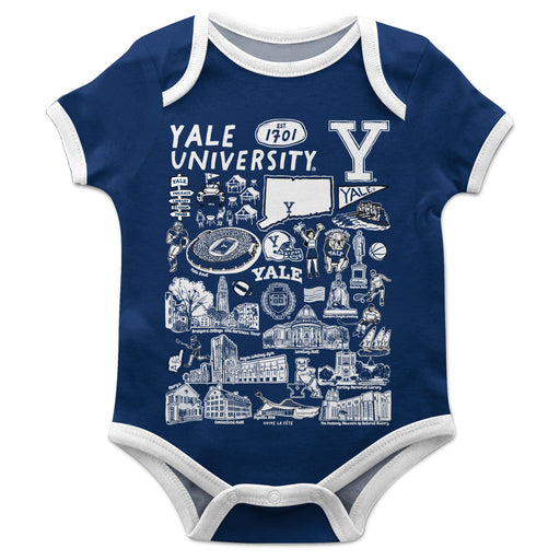 Yale University Bulldogs Hand Sketched Vive La Fete Impressions Artwork Infant Blue Short Sleeve Onesie Bodysuit