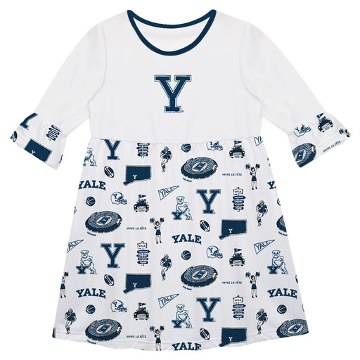 Yale University Bulldogs 3/4 Sleeve Solid White Repeat Print Hand Sketched Vive La Fete Impressions Artwork on Skirt