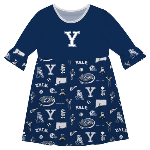 Yale University Bulldogs 3/4 Sleeve Solid Blue Repeat Print Hand Sketched Vive La Fete Impressions Artwork on Skirt