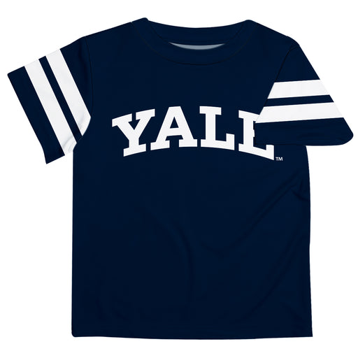 Yale Bulldogs Vive La Fete Boys Game Day Navy Short Sleeve Tee with Stripes on Sleeves