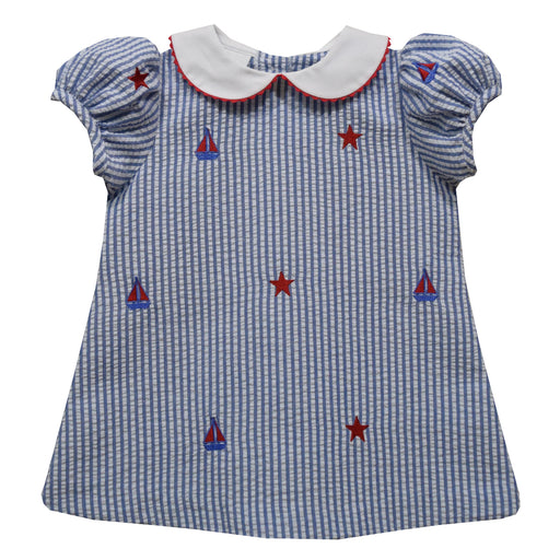 Sailboats And Stars Embroidered Royal Stripe Seersucker Puffy Short Sleeve Dress
