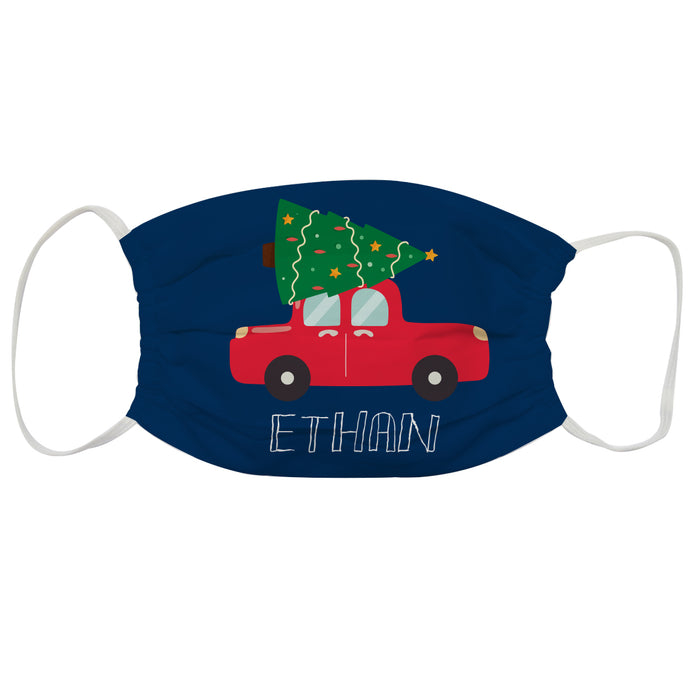 Car With Christmas Tree and Name Navy Face Mask - Vive La Fête - Online Apparel Store