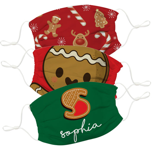 Gingerbread Initial and Name Red Face Mask Set of Three - Vive La Fête - Online Apparel Store