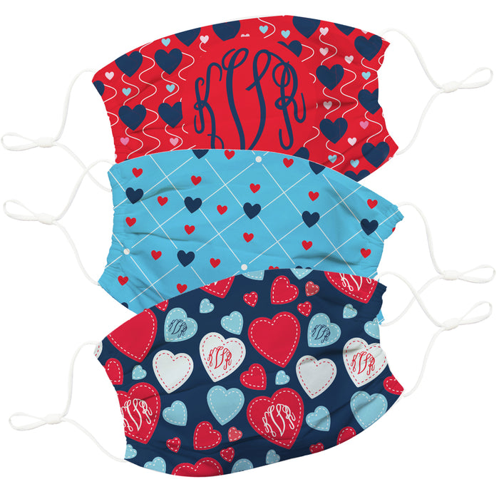 Hearts Print Monogram Red and Navy Face Mask Set Of Three - Vive La Fête - Online Apparel Store