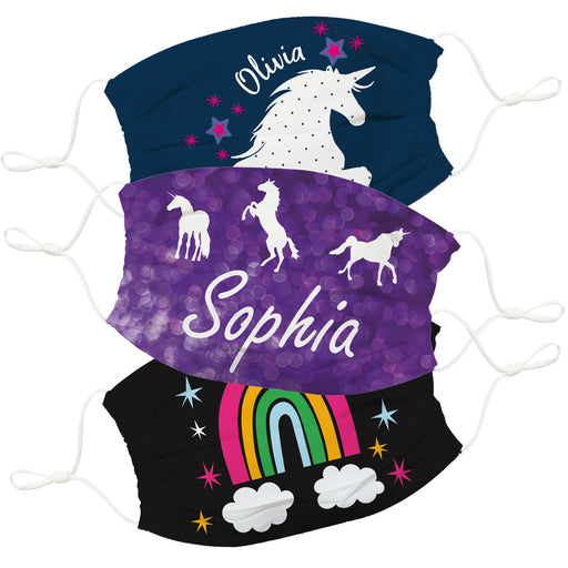 Rainbown and Unicorn Name Navy and Black Face Mask Set Of Three - Vive La Fête - Online Apparel Store