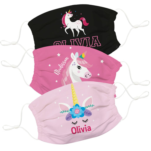 Unicorn Personalized Name Black and Pink Face Mask Set of Three