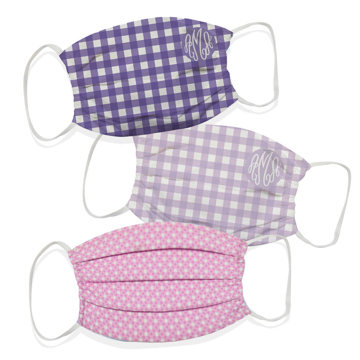 Monogram Personalized Purple and Pink Check Face Mask Set of Three - Vive La Fête - Online Apparel Store