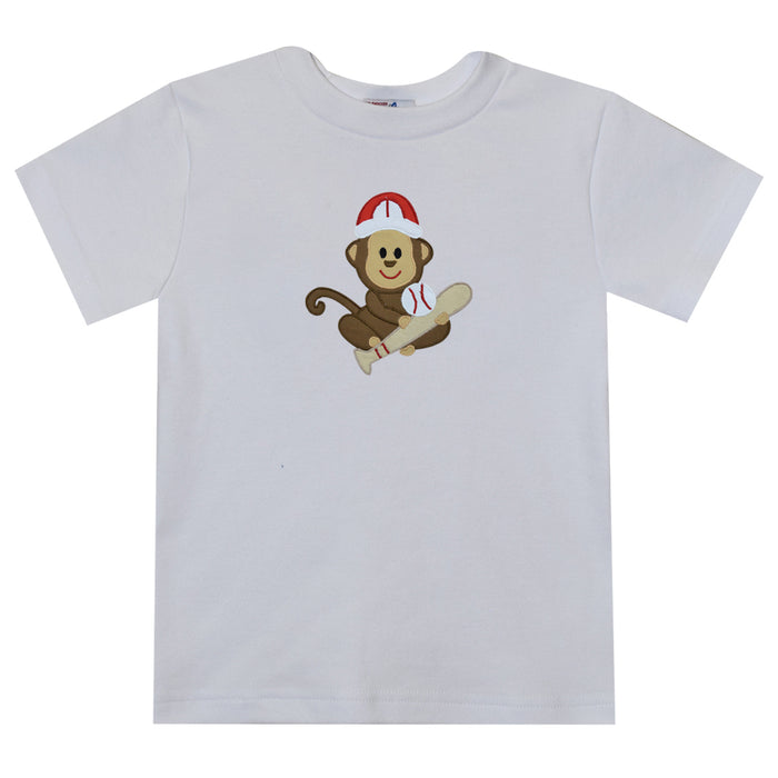 Baseball Monkey Applique White Short Sleeve Boys Tee Shirt