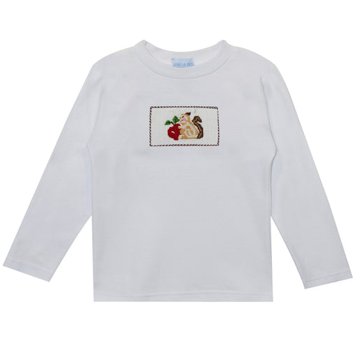 Squirrel Smocked White Long Sleeve Boys Tee Shirt