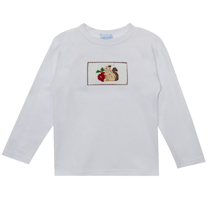 Squirrel Smocked White Long Sleeve Boys Tee Shirt