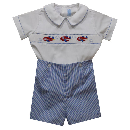 Airplane Smocked Light Blue Mini Check Boys Short Set Short Sleeve - Vive La Fête - Online Apparel Store
