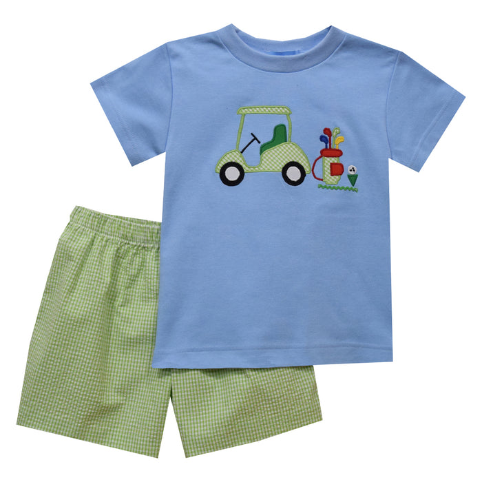 Golf Car Applique Lime Green Check Seersucker Short Sleeve Boys Short Set - Vive La Fête - Online Apparel Store