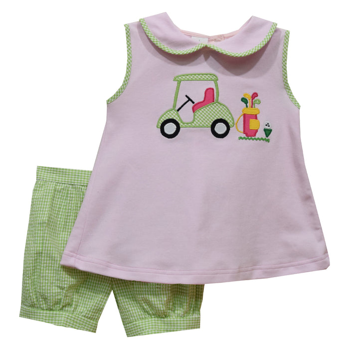 Golf Car Applique Lime Green Check Seersucker Girls Short Bubble Set - Vive La Fête - Online Apparel Store