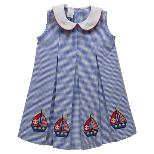 Sailboat Applique Royal Check Seersucker Girls Pleated A Line Dress
