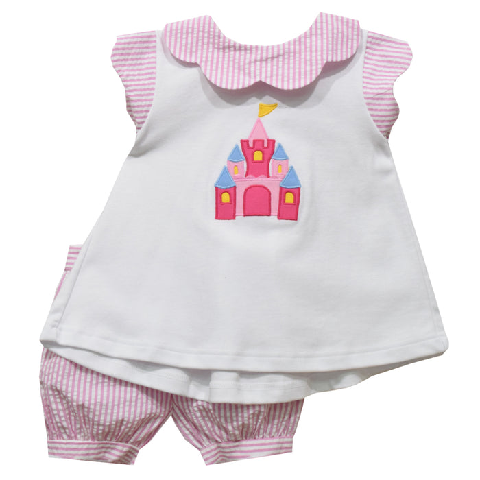 Princess Castle Applique Pink Stripe Seersucker Girls Short Bubble Set