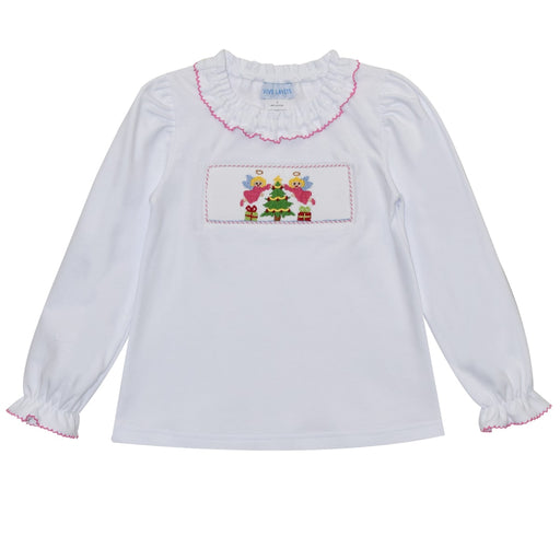 Christmas Angel Smocked Girls Knit Ruffle Blouse - Vive La Fête - Online Apparel Store