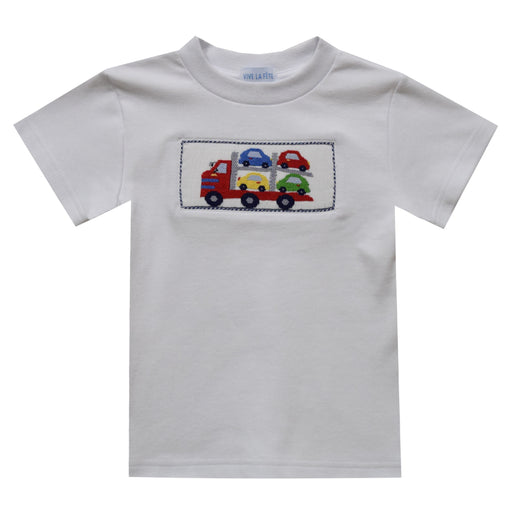 Trailer Cars Smocked White Knit Boys Short Sleeve Tee Shirt - Vive La Fête - Online Apparel Store