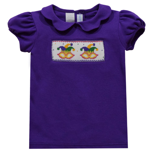 Mardi Gras Smocked Purple Knit Girls Puff Sleeve Top