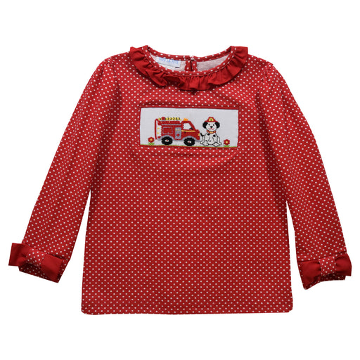 Firetrucks Smocked Red Polka Dots Knit Long Sleeve Girls Blouse With Bow