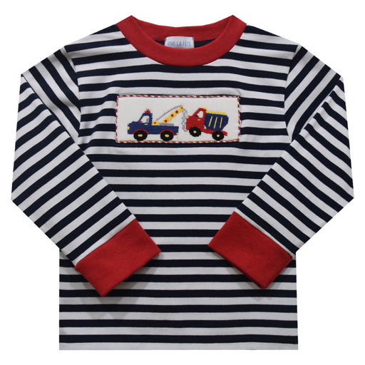 Tow Truck Smocked Stripe Navy And White Knit Long Sleeve With Rib Cuff Boys Tee Shirt