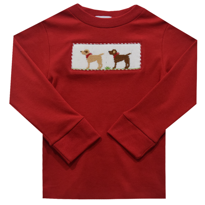 Labrador Smocked Solid Red Knit Long Sleeve With Rib Cuff Boys Tee Shirt - Vive La Fête - Online Apparel Store