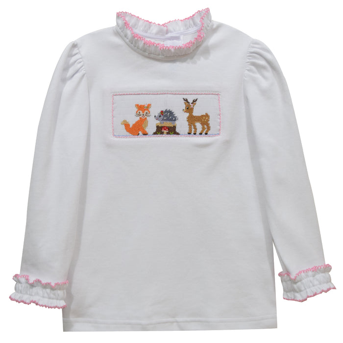 Woodland Friends Smocked White Knit Long Sleeve Girls Ruffle Band Blouse - Vive La Fête - Online Apparel Store
