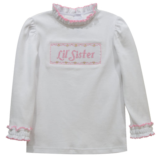 Little Sister Smocked White Knit Long Sleeve Girls Ruffle Band Blouse