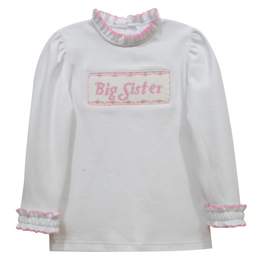 Big Sister Smocked White Knit Long Sleeve Girls Ruffle Band Blouse