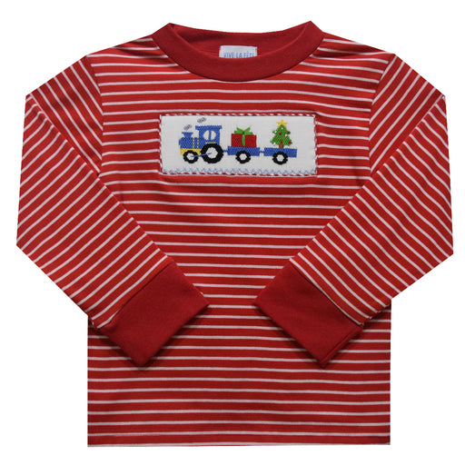 Christmas Train Smocked Stripe Red And White Knit Long Sleeve With Rib Cuff Boys Tee Shirt - Vive La Fête - Online Apparel Store