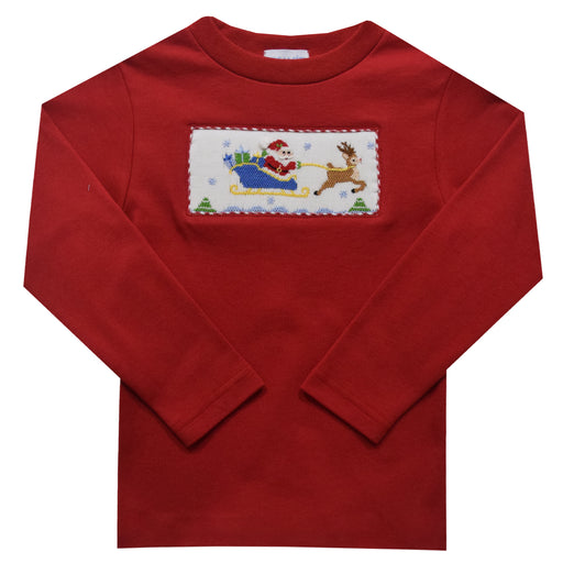 Santa Sleigh Smocked Solid Red Knit Long Sleeve Boys Tee Shirt - Vive La Fête - Online Apparel Store