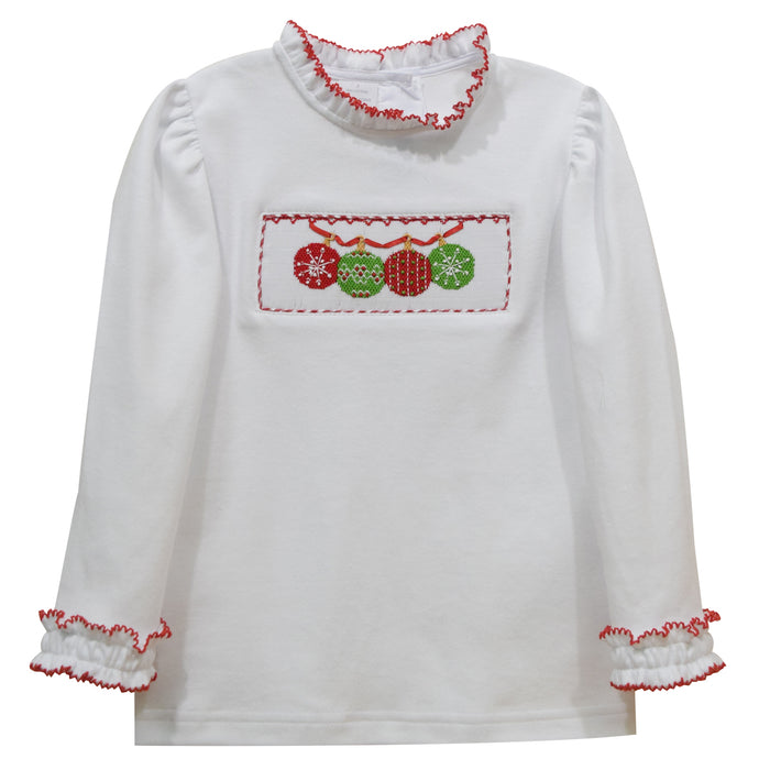 Ornaments Smocked White Knit Long Sleeve Girls Ruffle Band Blouse - Vive La Fête - Online Apparel Store