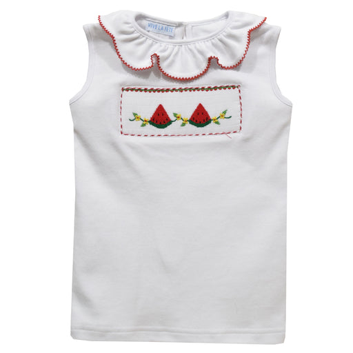 Watermelons Smocked White Knit Girls Scallop Ruffle Collar Blouse