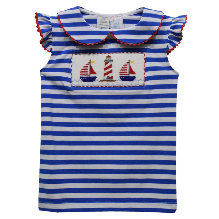 Sailing Smocked Royal Blue Stripes Knit Angel Wing Girls Peterpan Collar Blouse