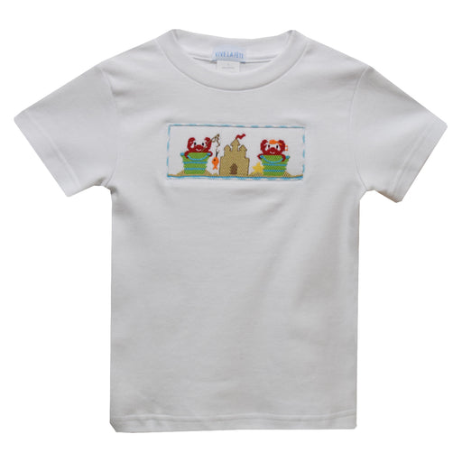 Castle and Sand Pail Beach Smocked White Knit Short Sleeve Boys Tee Shirt