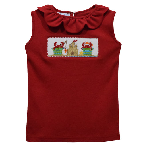 Castle and Sand Pail Beach Smocked Red Knit Girls Scallop Ruffle Collar Blouse