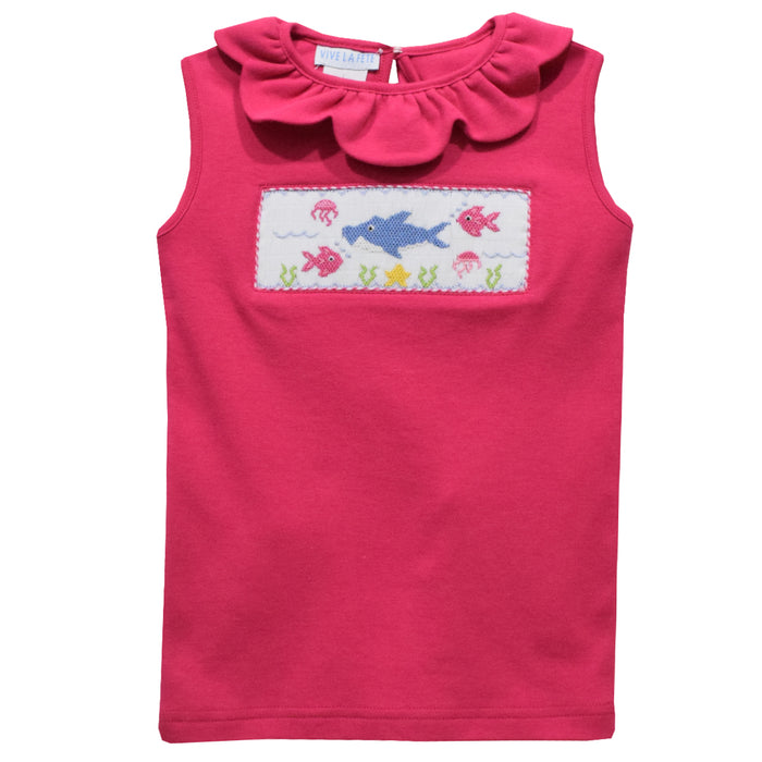 Under the Sea Smocked Hot Pink Knit Girls Scallop Ruffle Collar Blouse