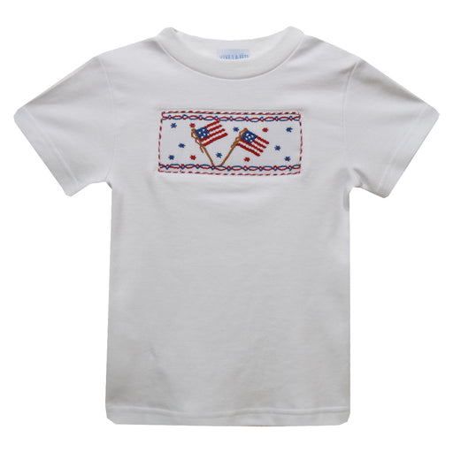 Party 4th July Smocked White Knit Short Sleeve Boys Tee Shirt