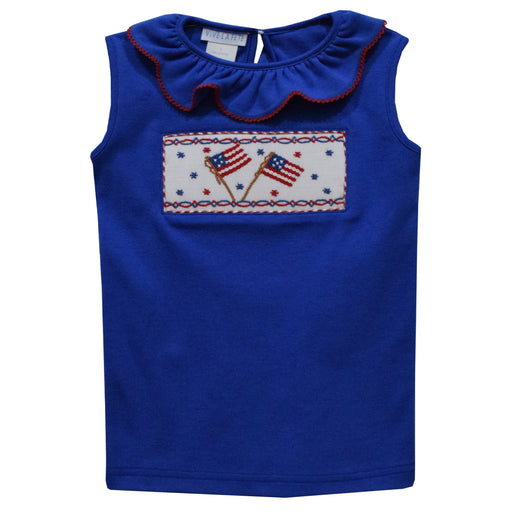 Party 4th July Smocked Royal Blue Knit Girls Scallop Ruffle Collar Blouse