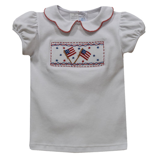 Party 4th July Smocked White Knit Puff Sleeve Girls Top